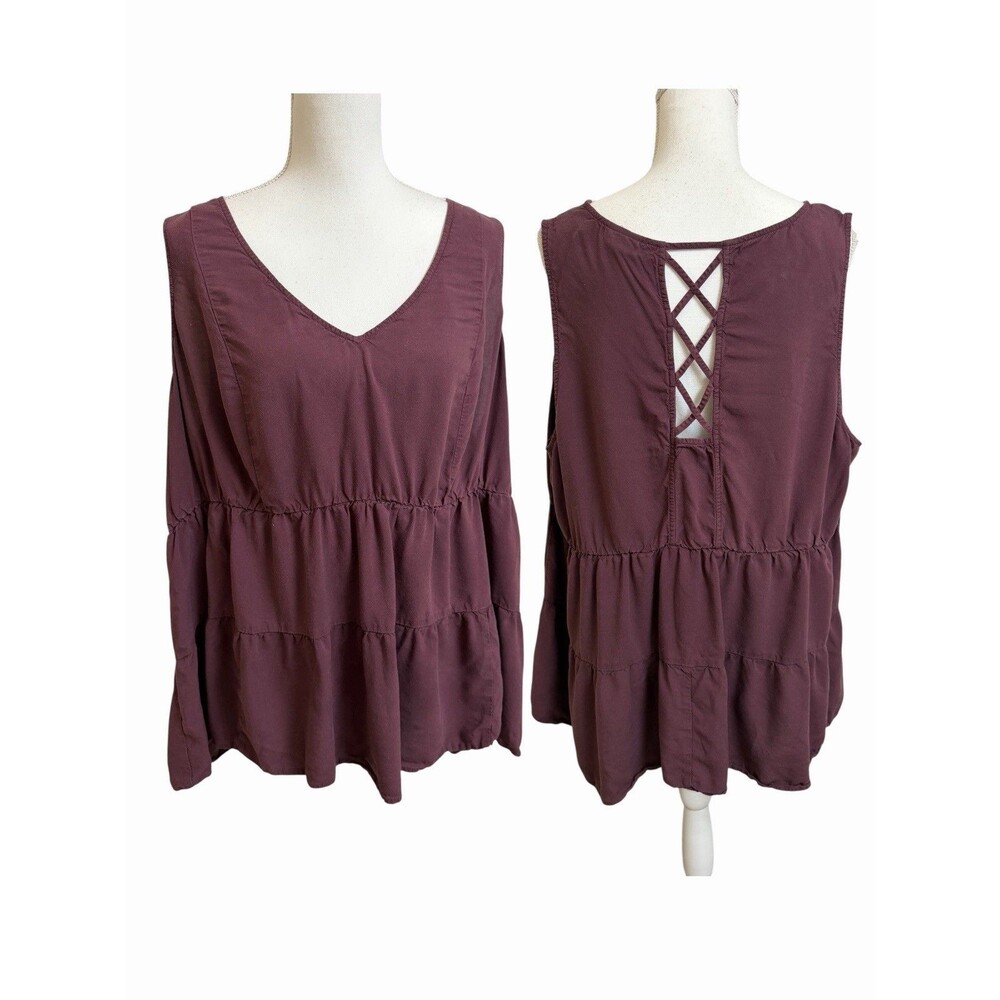 Torrid Size 3 Burgundy Tiered Sleeveless Top Back Criss Cross Design Viscose